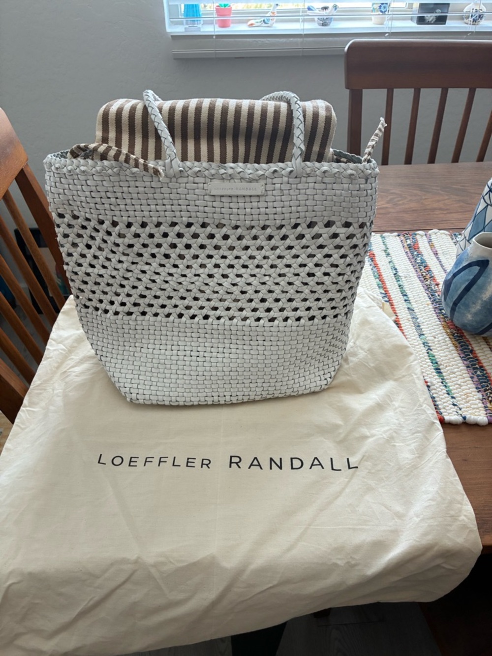 Loeffler Randall White Woven Tote with Braided Handles and Removable lining